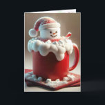 Tarjeta Festiva Navidades Chocolate caliente Snowman<br><div class="desc">Un gran malvavisco diseñado como un muñeco de nieve con un sombrero de Santa se sienta sobre una taza roja llena de espuma cremosa. Se puede cambiar el texto interno.</div>