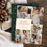 Tarjeta Festiva Navidades clásicos cinco fotos de vuelta | Marfil<br><div class="desc">Estas hermosas tarjetas de fotografía navideñas tienen cinco plantillas de fotos, una elegante tipografía moderna que dice "Feliz Navidad" y un patrón floral dibujado a mano en la parte posterior con colores clásicos de rojo, verde y marfil sobre un fondo verde oscuro. Fácil de personalizar para hermosas tarjetas de vacaciones...</div>