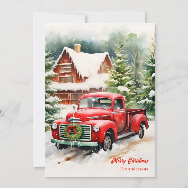 Tarjeta Festiva Navidades clásicos de camiones rojos en escena de  (Anverso)
