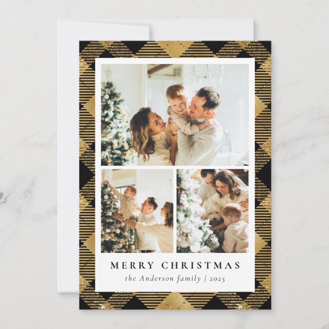 Tarjeta Festiva Navidades clásicos de Collage de fotos y oro negro (Anverso)