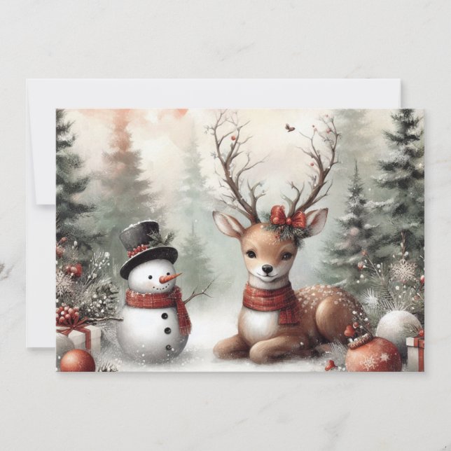 Tarjeta Festiva Navidades clásicos de los bosques de renos y snowm (Anverso)