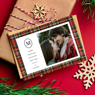 Tarjeta Festiva Navidades clásicos de plástico rojo Nombre Monogra
