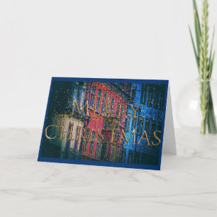 Tarjeta Festiva Navidades clásicos de Snowy Blue City Scene