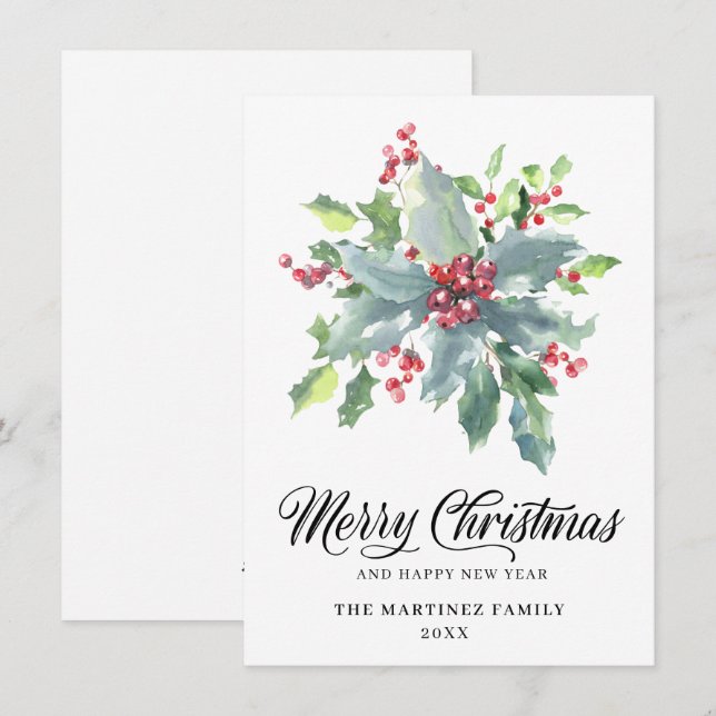 Tarjeta Festiva Navidades clásicos Holly y Berry 2022 saludo (Anverso / Reverso)