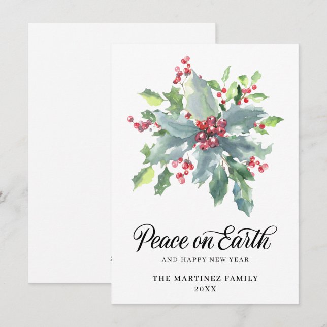 Tarjeta Festiva Navidades clásicos Holly y Berry 2022 Saludos Ho (Anverso / Reverso)