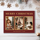 Tarjeta Festiva Navidades Clásicos minimalistas Tres Fotografías<br><div class="desc">Esta minimalista tarjeta navideña de tres fotos de navidades clásicos tiene un diseño moderno y minimalista, elegante y sencillo. Ya sea que prefieras un estilo clásico tradicional o un estilo más contemporáneo, con una tipografía dorada sobre un fondo rojo, encontrarás la carta perfecta para celebrar la temporada. Personaliza tus tarjetas...</div>