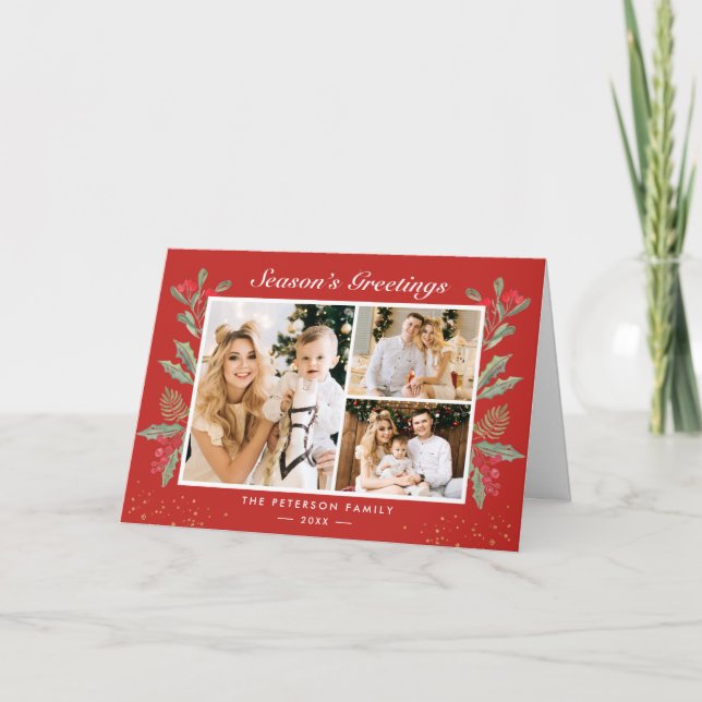 Tarjeta Festiva Navidades clásicos Red Holly Berries 3 foto doblad (Anverso)