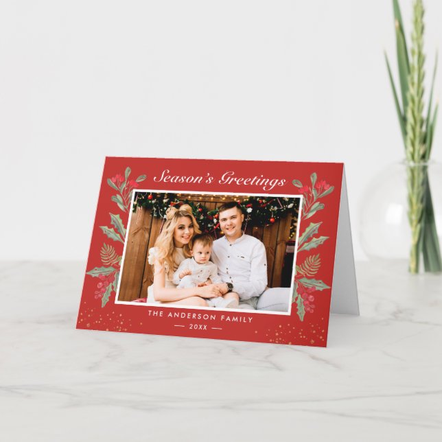 Tarjeta Festiva Navidades clásicos Red Holly Berries Foto de bienv (Anverso)