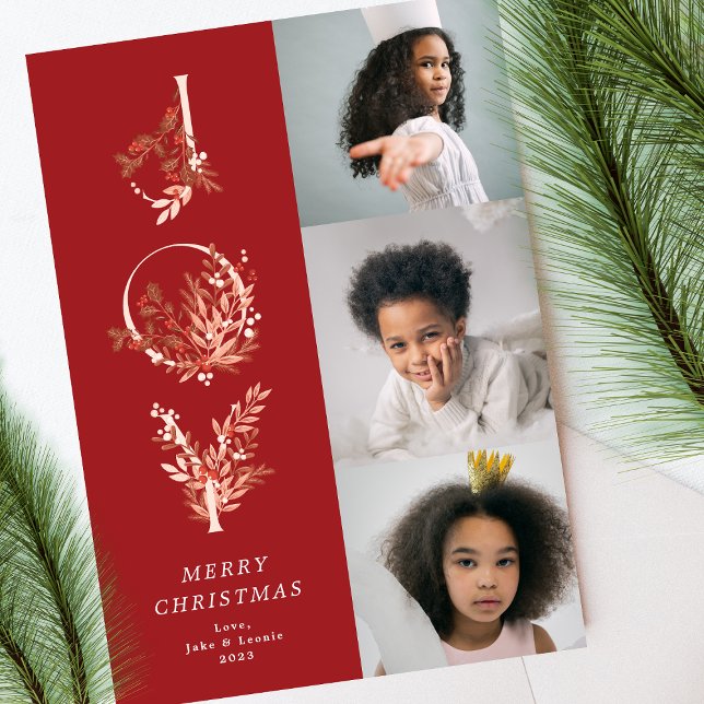 Tarjeta Festiva Navidades Classic Red Leafy Bold JOY Collage Photo (Subido por el creador)