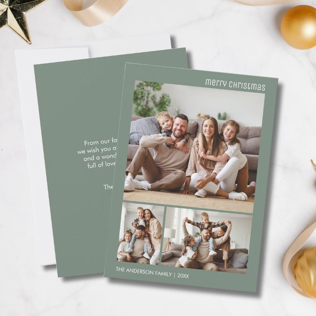 Tarjeta Festiva Navidades Collage de fotos de familia Sage Green M (Christmas Family Photo Collage Sage Green Minimal Holiday Card)
