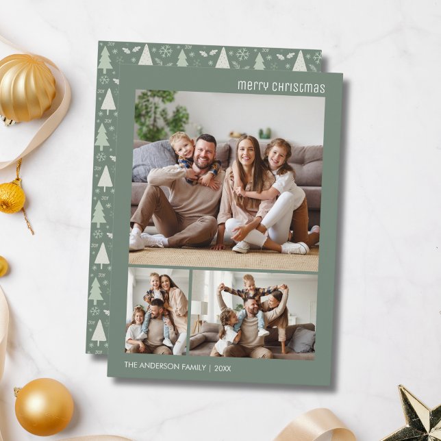 Tarjeta Festiva Navidades Collage de fotos Familia Sage Green (Christmas Photo Collage Family Sage Green Holiday Card)