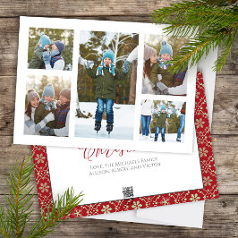 Tarjeta Festiva Navidades Collage de fotos Rojo Verde Snowflake