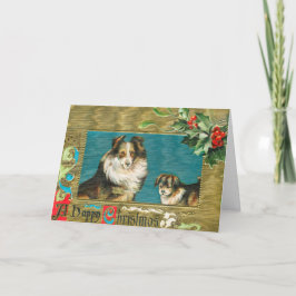 Tarjeta Festiva Navidades Collie Dogs Gold Happy de la época de 19
