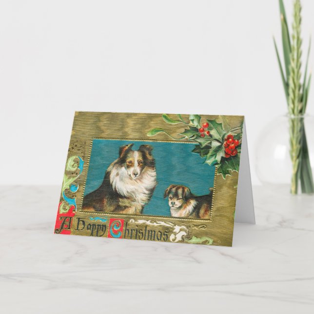 Tarjeta Festiva Navidades Collie Dogs Gold Happy de la época de 19 (Anverso)