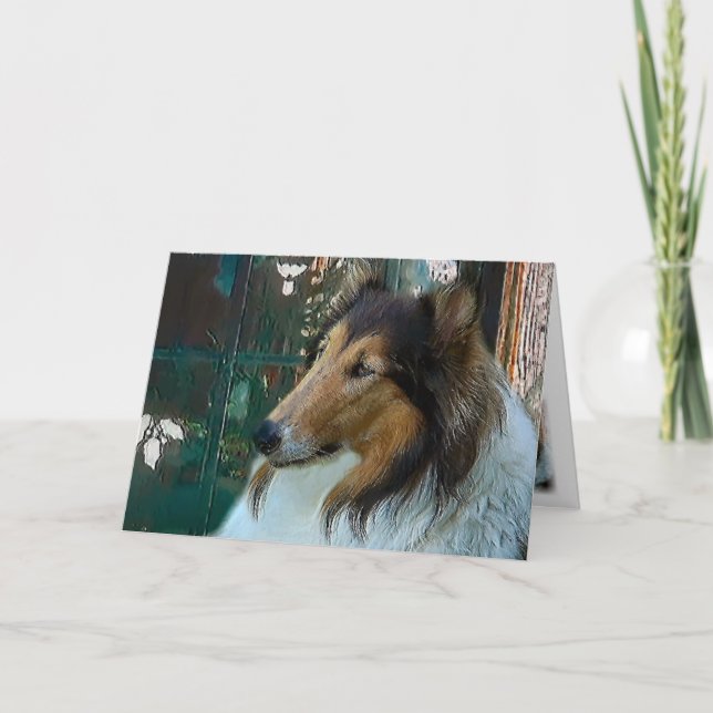 Tarjeta Festiva Navidades Collie en la ventana (Anverso)