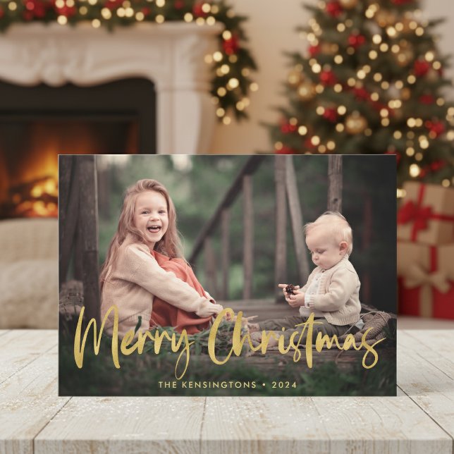 Tarjeta Festiva Navidades colocados Relieve metalizado dorado guió (Christmas Plaid Gold Foil Script Holiday Photo Cards with instant download option)