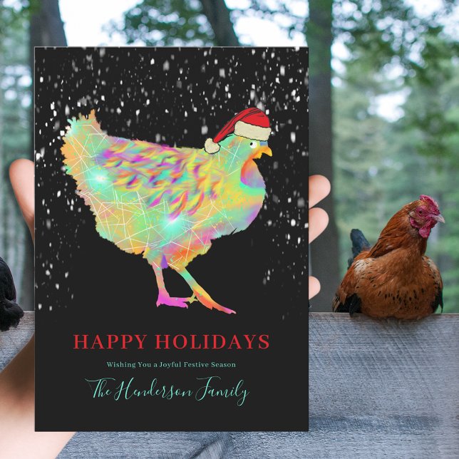 Tarjeta Festiva Navidades coloridos Al Añadir Nombre (Colorful Christmas hen wearing a santa hat farm animal art custom holiday greetings card)