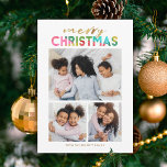 Tarjeta Festiva Navidades coloridos Tres Collages de fotos<br><div class="desc">Esta divertida y brillante tarjeta fotográfica de vacaciones para Navidades cuenta con 3 plantillas de fotos. La tipografía simple y moderna dice "Feliz Navidad", incorporando un falso Relieve metalizado de oro así como un colorido diseño de papel superpuesto. La parte trasera de la tarjeta contiene un diseño de árboles de...</div>