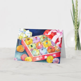 Tarjeta Festiva Navidades coloridos Yarn Ball Gift Box
