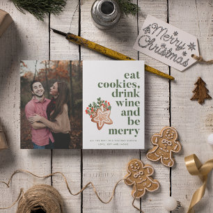Tarjeta Festiva Navidades comen galletas y beben vino sé foto
