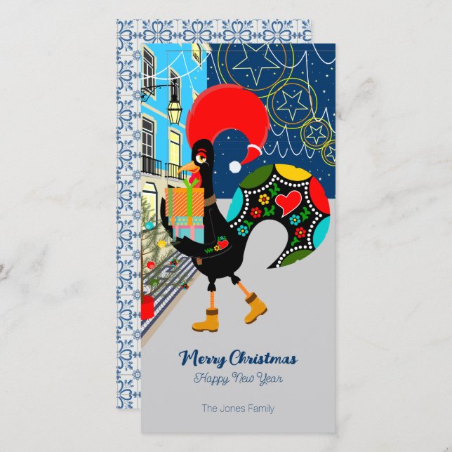 Tarjeta Festiva Navidades comprando con el Rooster Portugués (Anverso / Reverso)
