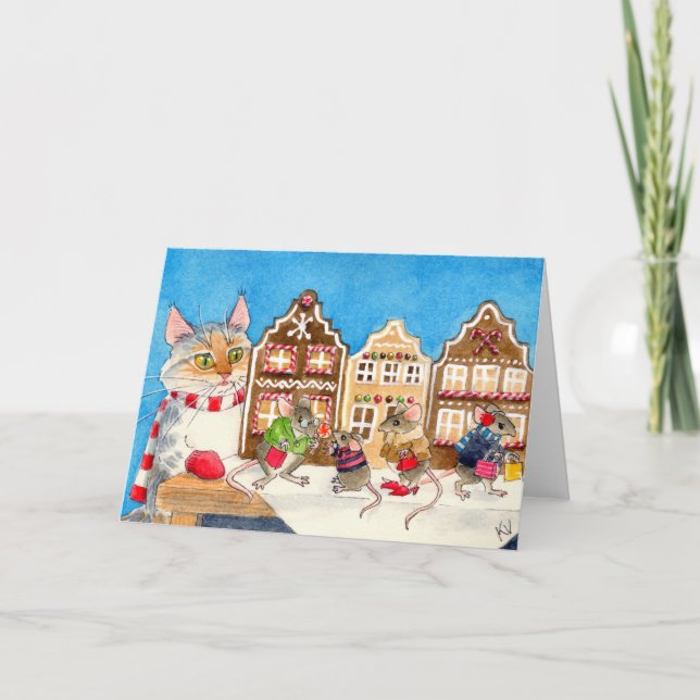 Tarjeta Festiva Navidades comprando ratones y gatos (Anverso)