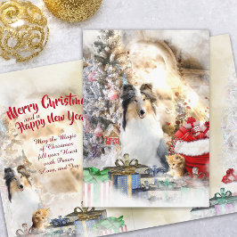 Tarjeta Festiva Navidades con Collie & Kitten - decorados en su to