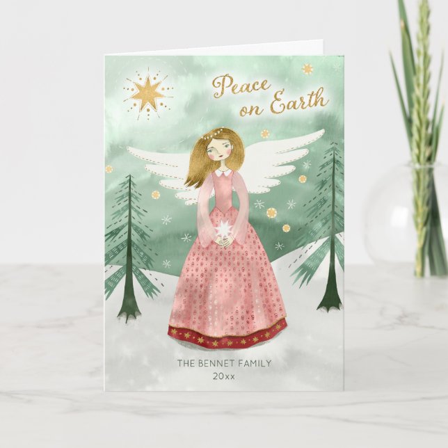 Tarjeta Festiva Navidades con curvatura de ángel ilustrado (Anverso)