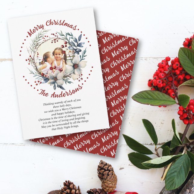 Tarjeta Festiva Navidades con flores blancas y foto de bayas (Subido por el creador)