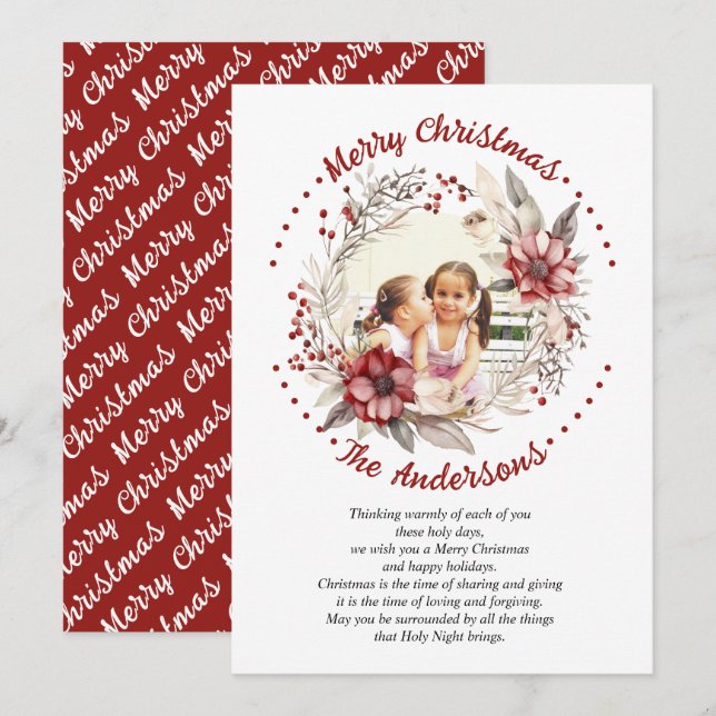 Tarjeta Festiva Navidades con flores rojas y bayas foto (Anverso / Reverso)
