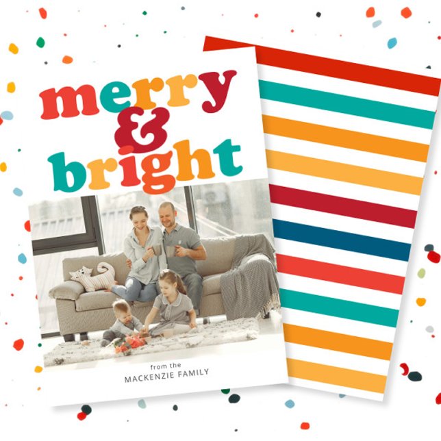 Tarjeta Festiva Navidades con fotos brillantes y moras personaliza (Christmas Merry and Bright Photo Personalized Holiday Card by Ricaso. Fun, colorful & bold cards)