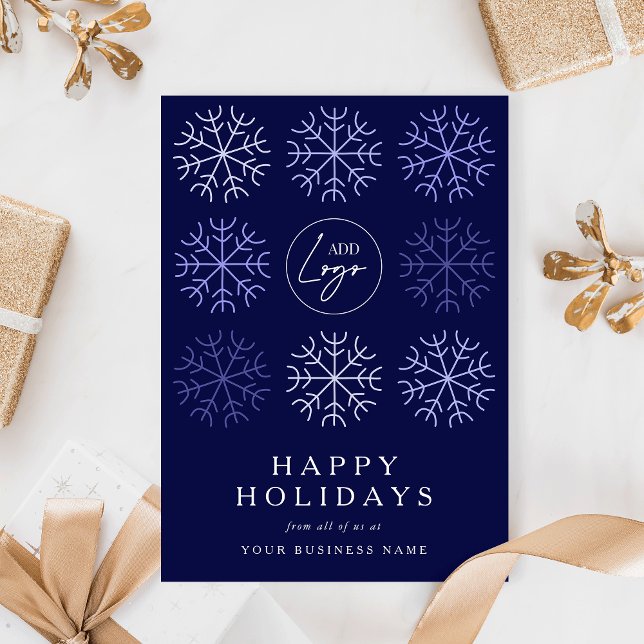 Tarjeta Festiva Navidades con logo de la compañía Snowflakes Navy  (modern navy blue and white festive design corporate holiday card with your custom company logo)