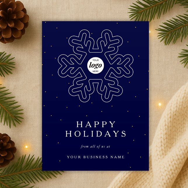 Tarjeta Festiva Navidades con logotipo empresarial de la marina de (Modern corporate business logo Christmas snowflake navy blue and white holiday card)