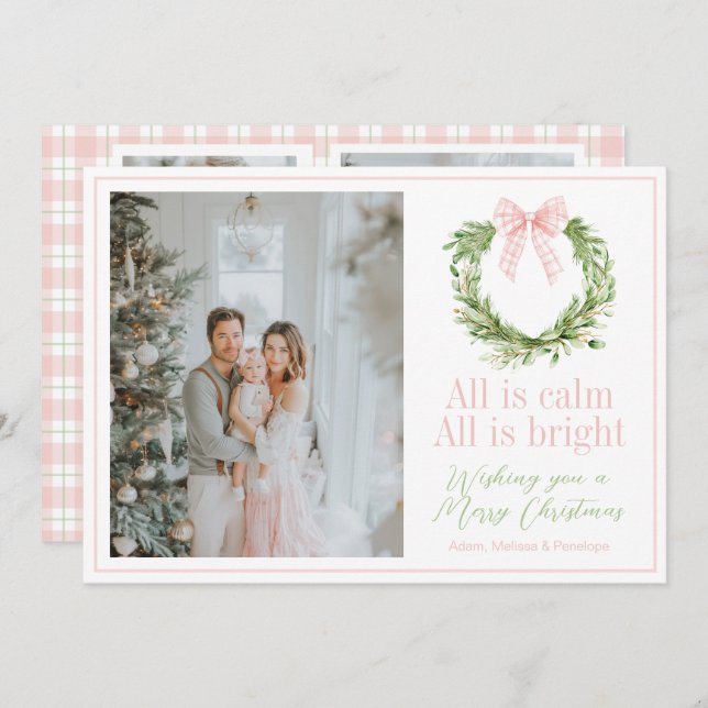 Tarjeta Festiva Navidades con placa de goma rosa preppy (Anverso / Reverso)