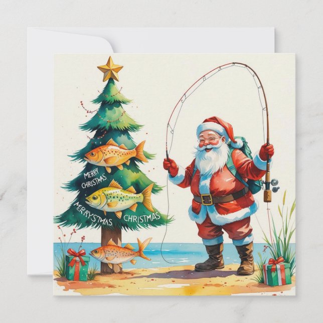 Tarjeta Festiva Navidades con tema de pesca de Santa Claus (Anverso)