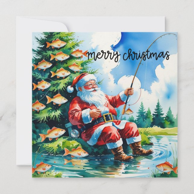 Tarjeta Festiva Navidades con tema de pesca de Santa Claus (Anverso)