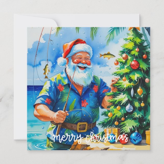 Tarjeta Festiva Navidades con tema de pesca de Santa Claus (Anverso)