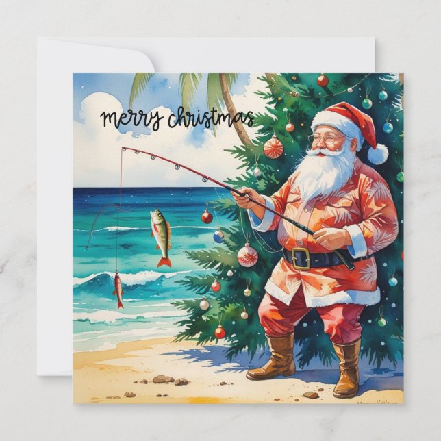 Tarjeta Festiva Navidades con tema de pesca de Santa Claus (Anverso)