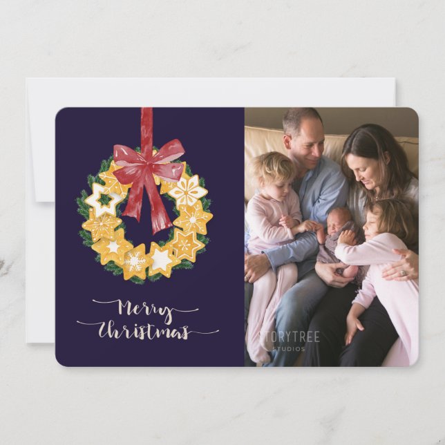 Tarjeta Festiva Navidades Cookie Wreath con fondo azul marino (Anverso)