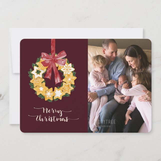 Tarjeta Festiva Navidades cookie wreath con fondo de Borgoña (Anverso)