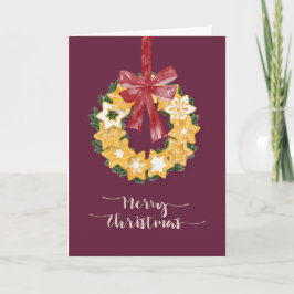 Tarjeta Festiva Navidades Cookie Wreath con fondo de ciruela profu