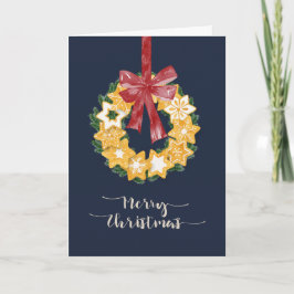 Tarjeta Festiva Navidades Cookie Wreath con fondo gris azul