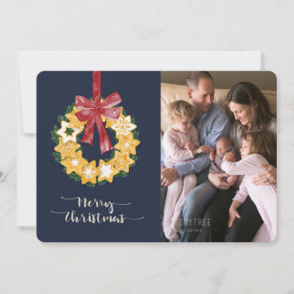 Tarjeta Festiva Navidades Cookie Wreath con fondo gris azul