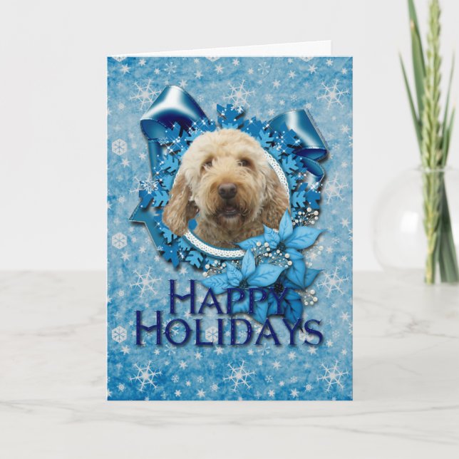 Tarjeta Festiva Navidades - Copo de nieve azul - Goldendoodle (Anverso)