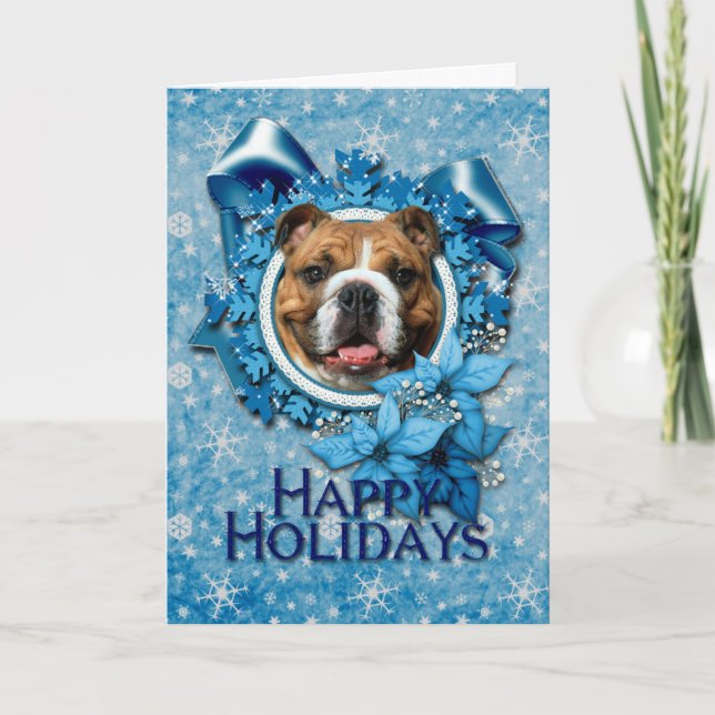 Tarjeta Festiva Navidades - Copos de nieve azules - Bulldog (Anverso)