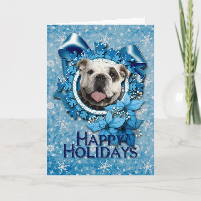 Tarjeta Festiva Navidades - Copos de nieve azules - Bulldog (Anverso)