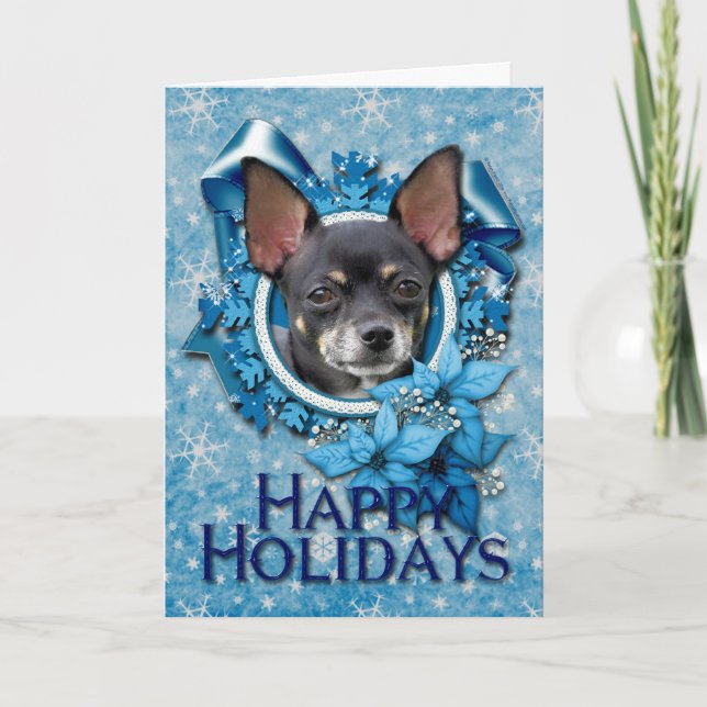 Tarjeta Festiva Navidades - Copos de nieve azules - Chihuahua (Anverso)