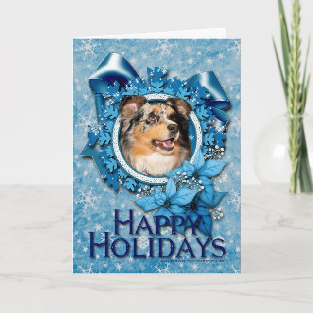 Tarjeta Festiva Navidades - Copos de nieve azules - Pastor austral (Anverso)