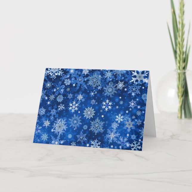Tarjeta Festiva Navidades Copos de nieve azules y plateados (Anverso)