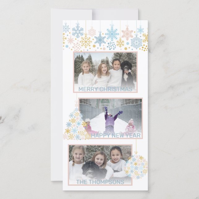 Tarjeta Festiva Navidades Copos de nieve Collage de oro azul rosad (Anverso)